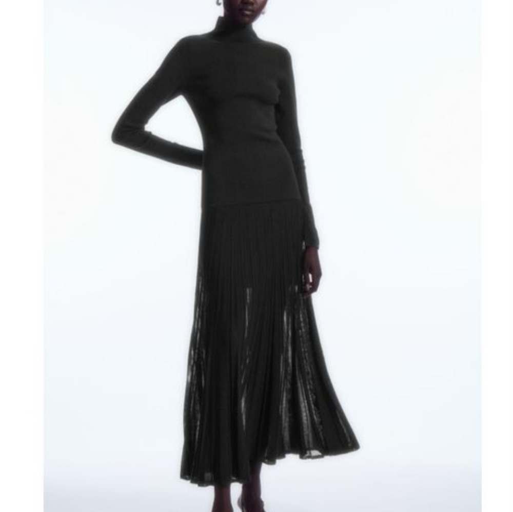 COS Pleated Knitted Turtleneck Maxi DressLong-Sleeve bleck Size XS New (no tags)